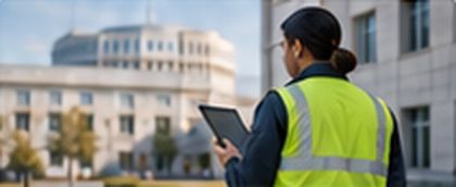 Public-sector official with a tablet outside a civic building