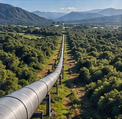 Above-ground pipeline crossing forested hills